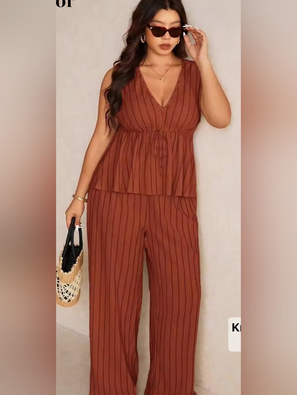 SHEIN Rust Vertical-Stripe Wide Leg Jumpsuit-Size 1XL